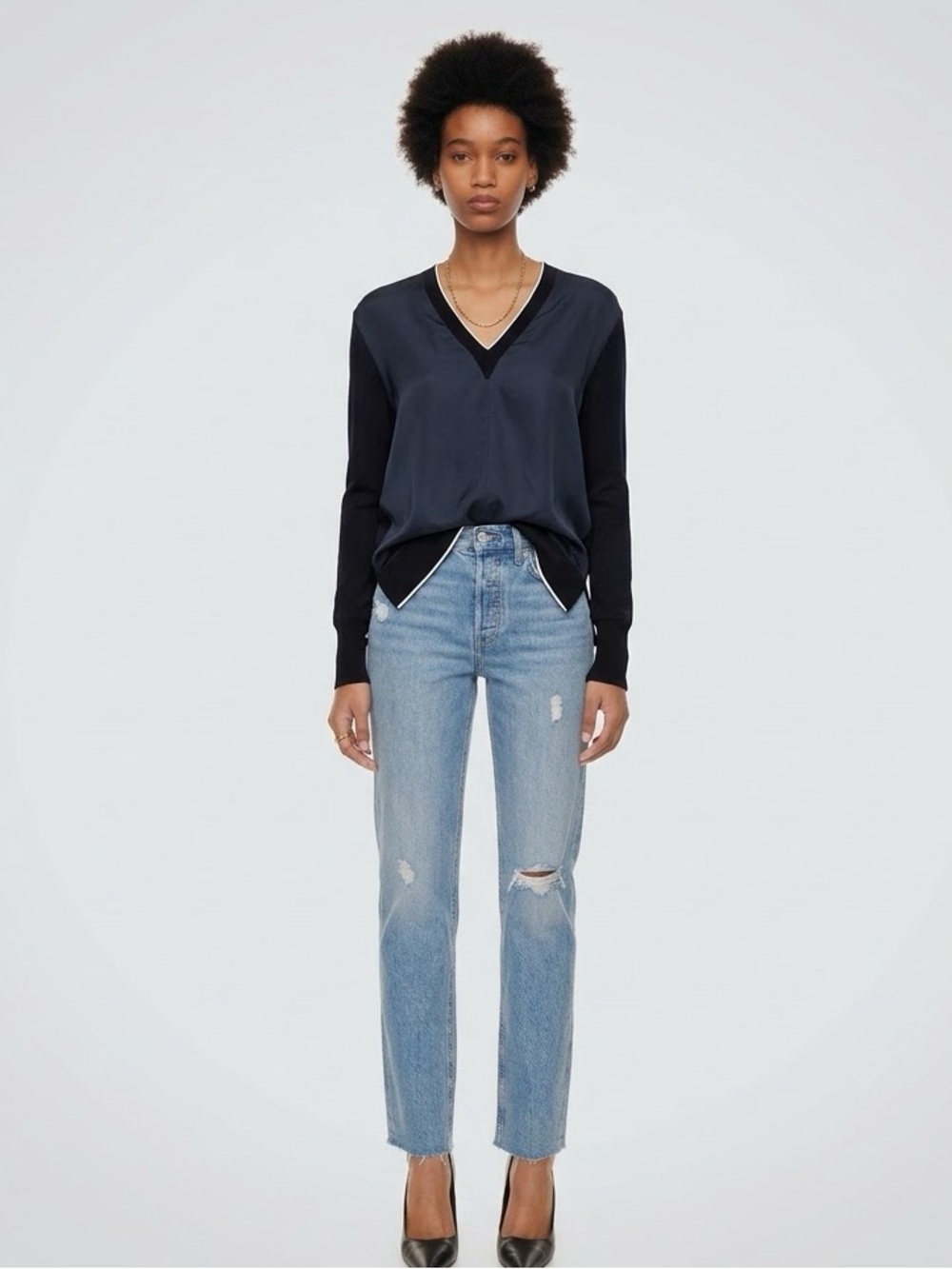 Rag & Bone Black Silk V-Neck Pullover Top White Trim Semi Mesh Sleeves loose med
